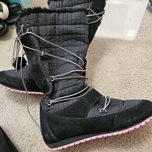 Womens Timberland MukLuk Style Boot Knee High Black Leather Nylon Pink Sole Sz 7
